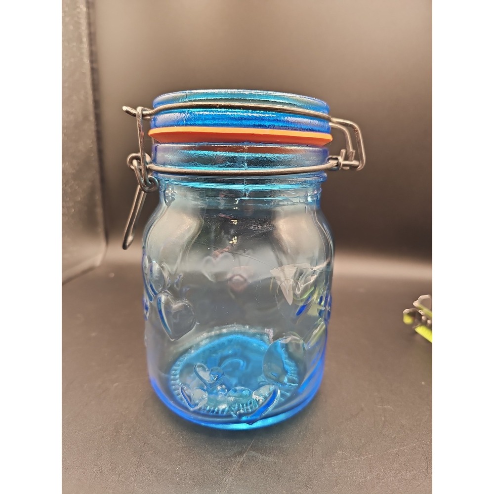 Vintage Blue Glass Storage Jar Hearts Crownford Giftware Corp  7 Tall